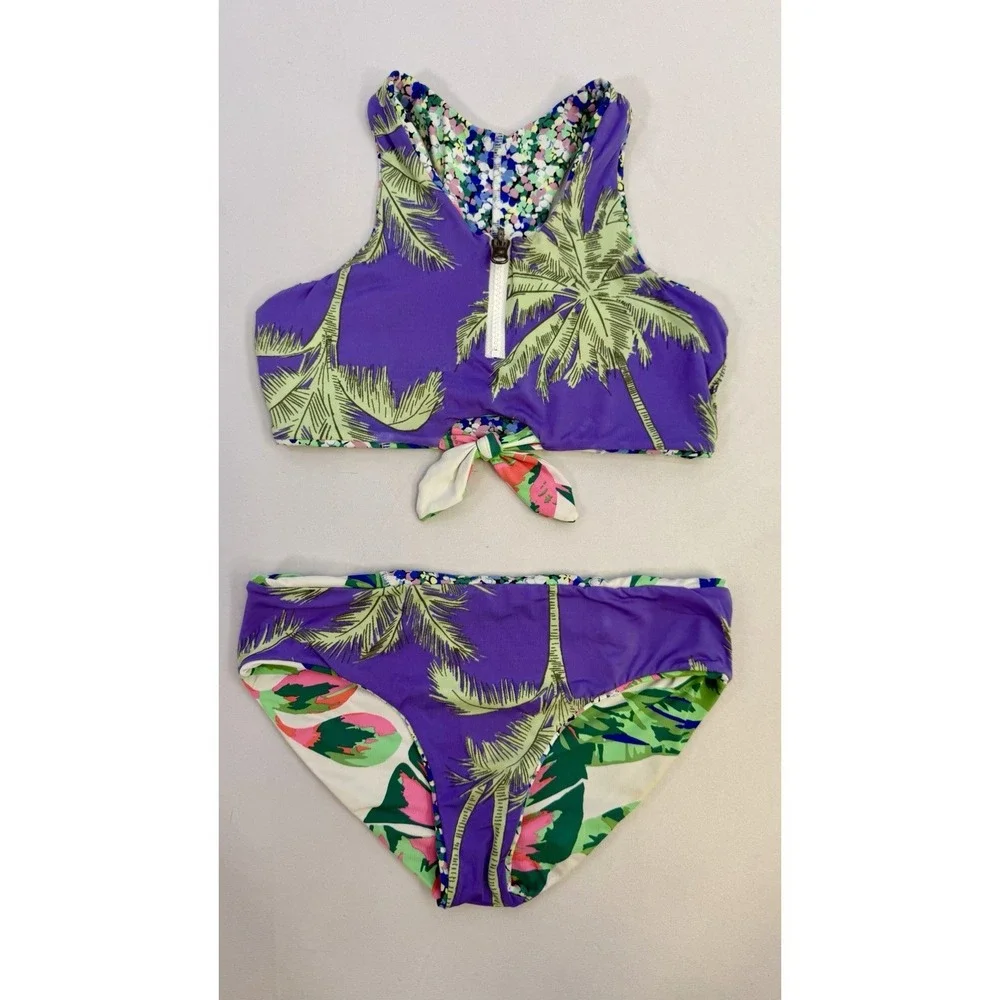 Maaji Girls 2 Piece Bikini Swimsuit Tropical Reversible Sz 10 EUC Beach Pool